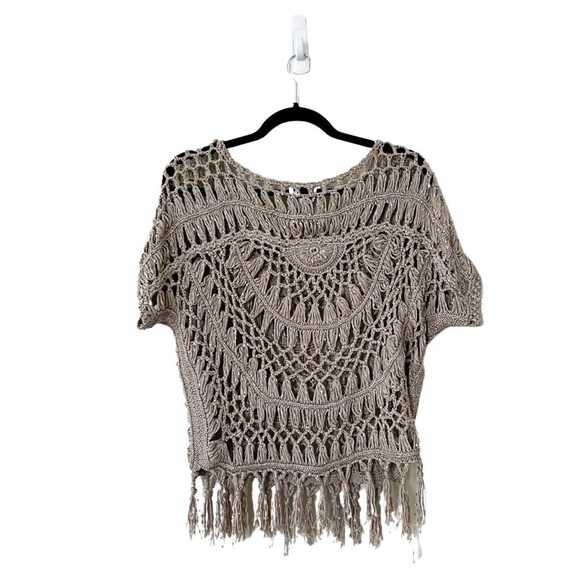 ANTHROPOLOGIE GREYLIN Crochet Short Sleeve Fringe Boho Taupe Top XS - Picture 3 of 6